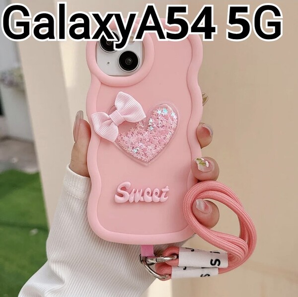 GalaxyA54 ケース ピンク ウェーブフレーム ストラップ付き Galaxy A54