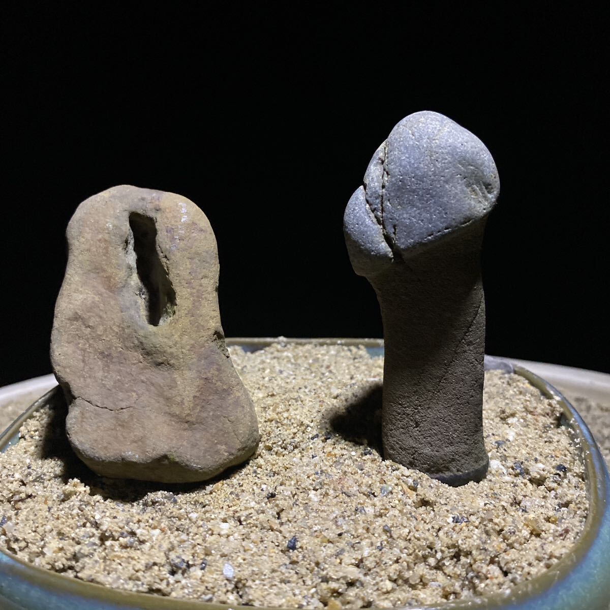 天然石で作られた顔のついた男根 プリミティブ 珍品 子宝 彫刻 子宝 縁起物 陰陽石 御神体 男根石 女陰石 3点まとめて / 道祖神 石棒 子宝