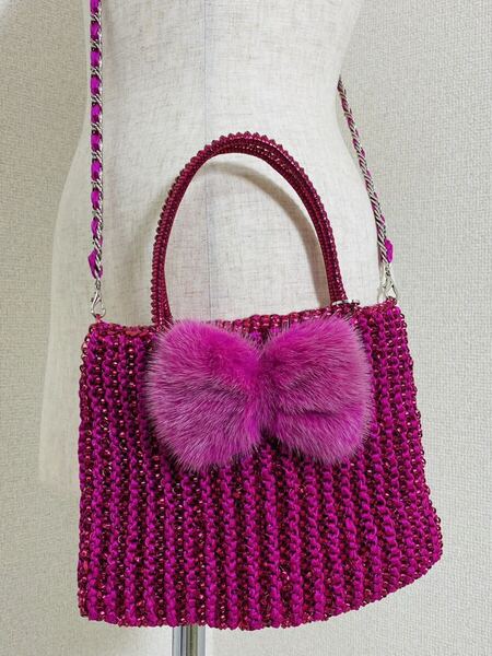 7667.【極美品】ANTEPRIMA ファー付き 2way ショルダーバッグ アンテプリマ ワイヤーバッグ ピンク ハンドバッグ