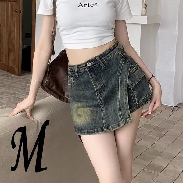 〈M〉 ミニスカート デニム ショートパンツ ブルー ミニ丈 ショーパン ハイウエスト 韓国 セクシー 台形 マイクロミニ