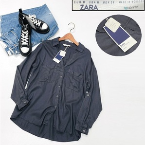 /M/ ZARA ブラック 長袖シャツ デニム レディース タグ カジュアル トップス アウトドア 大人可愛い ガーリー デイリー 生地 ザラ