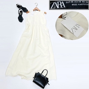 /XS/ ZARA ホワイト系 ワンピース レディース タグ付き カジュアル ドレス ノースリーブ 大人可愛い デイリー リネン混 生地 ザラ