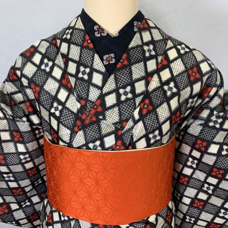 ◇きものマーチ◇アンティーク着物 銘仙 チェック 花菱 大正