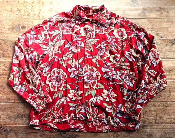送料無料♪90's Pearl Diver パールダイバー 長袖レーヨンアロハシャツ L相当 短丈 日本製 美品 古着vintage 東洋ウエアハウスマッコイ