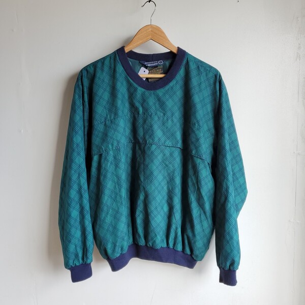 F5◆【sizeL】スコットランド製 Sunderland of Scotland 長袖 ナイロン ウォームアッププルオーバー 緑 チェック柄 中古 古着 USED
