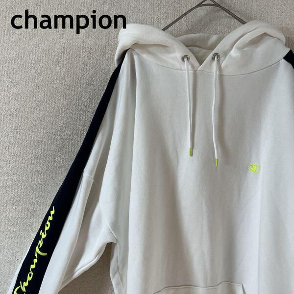 Champion スウェットパーカー ネオンイエロー サイドライン LメンズA3
