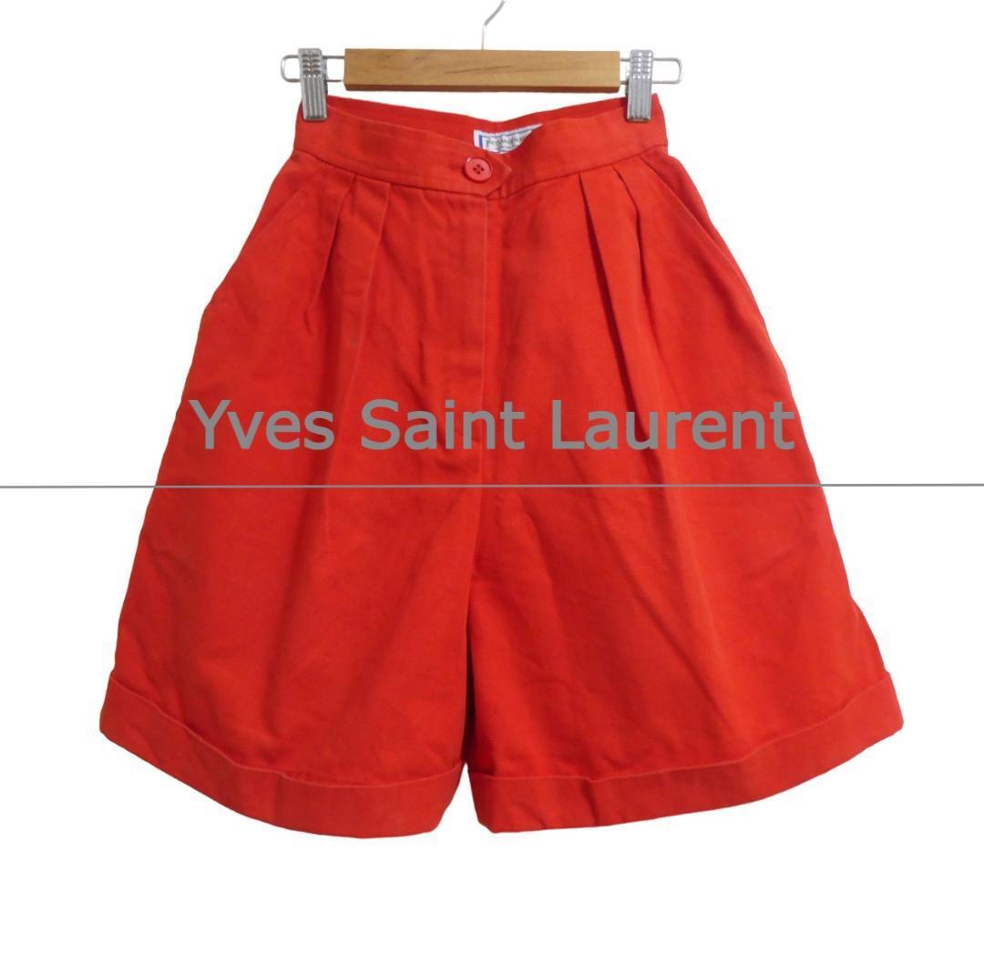 Yves Saint Laurent イヴサンローラン サイズS 裾ダブル タック デニム ワイド ショートパンツ ハーフパンツ キュロット 赤 レッド