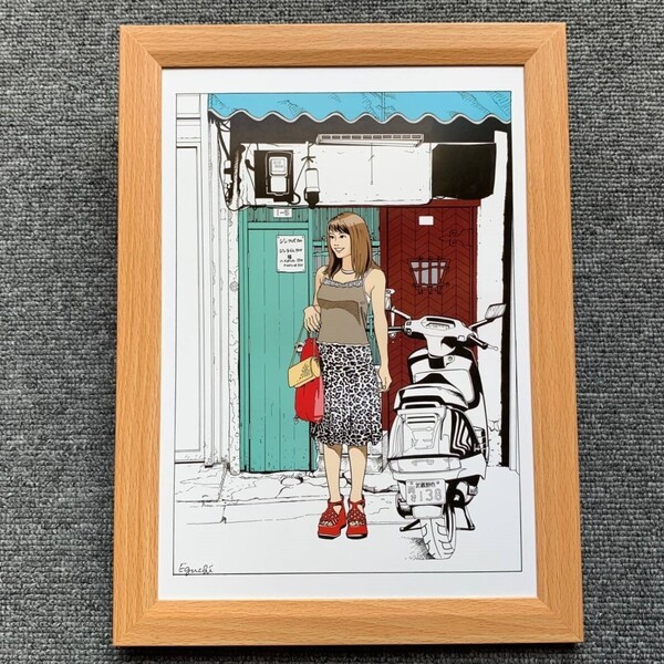 ■江口寿史『ハモニカ横丁のBar』B5サイズ 額入り 貴重イラスト 印刷物 ポスター風デザイン 額装品 アートフレーム インテリア 美女