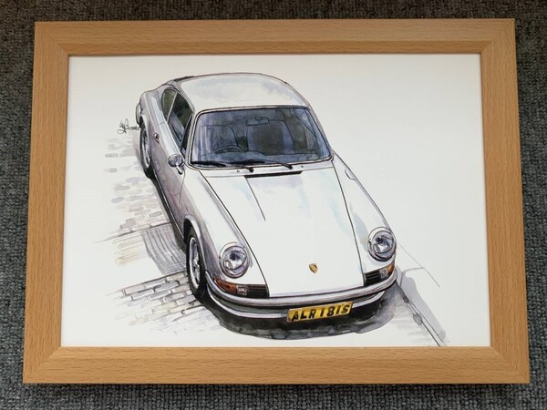 ■BOW。池田和弘『Porsche 911』B5サイズ 額入り 貴重イラスト 印刷物 ポスター風デザイン 額装品 アートフレーム 旧車