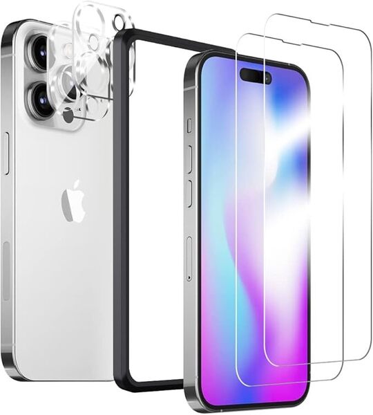 iPhone 14 Pro ガラスフィルム 2枚 + カメラフィルム 2枚 【旭硝子素材製】ガイド枠付き 強化ガラス 液晶保護フィルム 9H硬度 耐衝撃