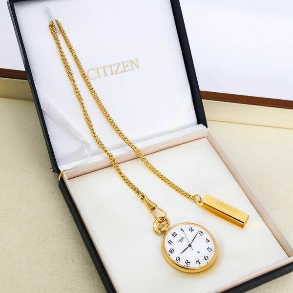 稼働 CITIZEN CQ 懐中時計 新品電池 外箱付 チェーン g