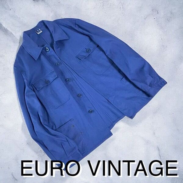雰囲気抜群 EURO VINTAGE コットン ワークジャケット カバーオール ビンテージ フレンチブルー ドイツ購入 輸入 古着 ヨーロッパ古着
