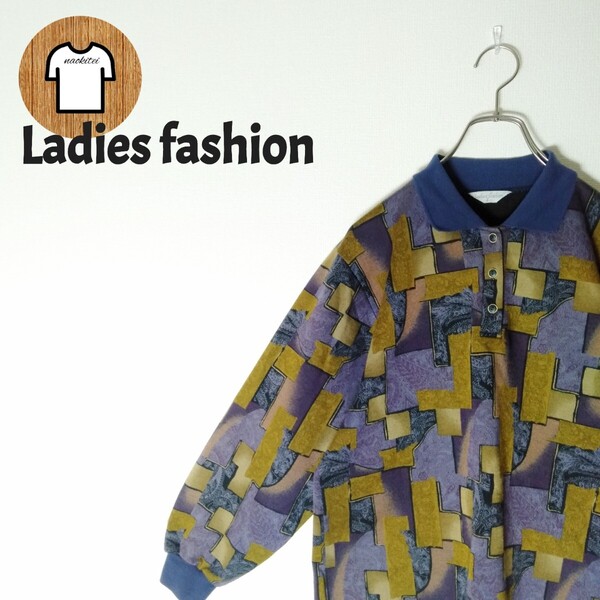 【Ladies fashion ポロニット L 総柄 ダークカラー ペイズリー A861 レトロボタン 太アーム 古着 レディース】