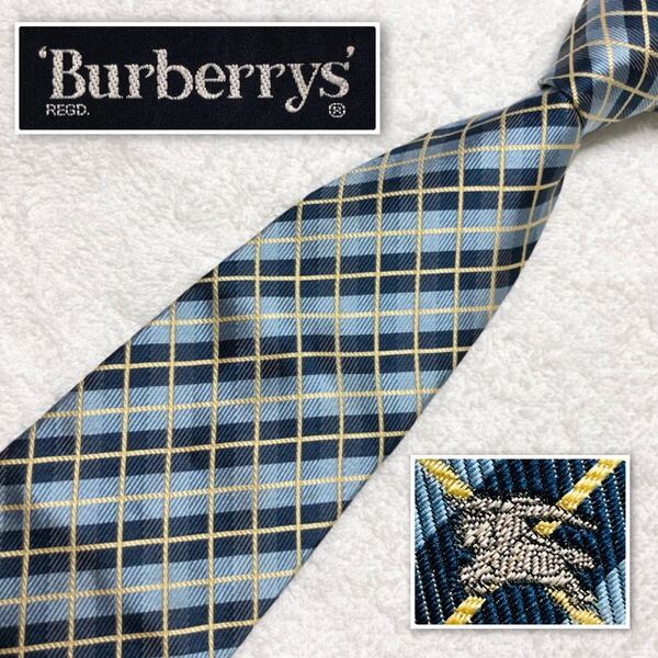 ■美品■Burberrys バーバリー ネクタイ チェック ロゴ刺しゅう シルク100% ブルー系×イエロー系 ビジネス