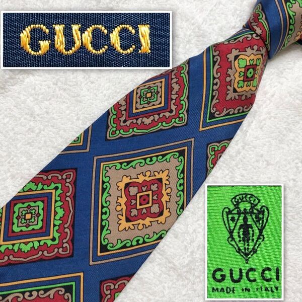 ■美品■GUCCI グッチ ネクタイ スカーフ風 総柄 シルク100% イタリア製 ブルー×マルチカラー ビジネス
