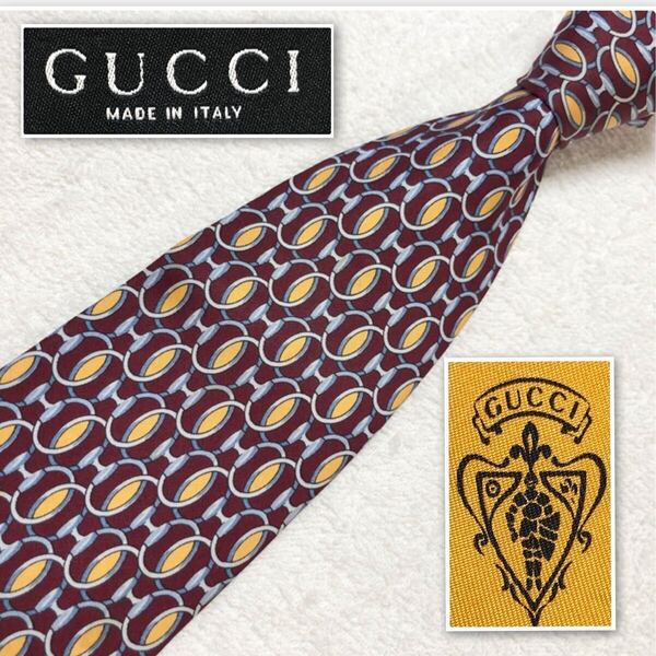 GUCCI グッチ ネクタイ リング 金具 総柄 シルク100% イタリア製 ボルドー ビジネス