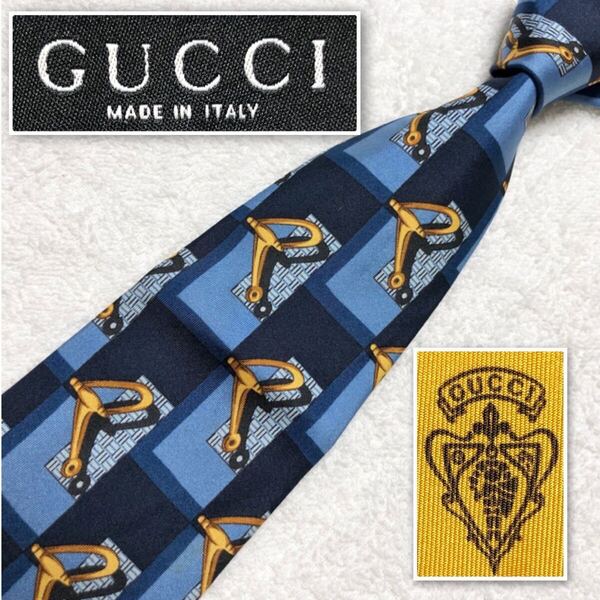 GUCCI グッチ ネクタイ あぶみ 長方形 図形 総柄 シルク100% イタリア製 ブルー系 ビジネス