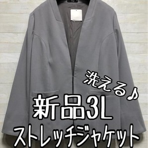 新品☆3L♪グレー系♪洗える♪ノーカラージャケット♪はっ水加工☆p284