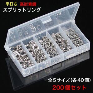 スプリットリング 平打ち 高炭素鋼 5サイズ 200個セット(各サイズ40個)専用ケース付 ◇送料無料◇