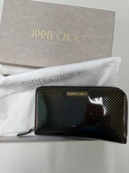 ジミーチュウ JIMMY CHOO エナメル長財布 黒xゴールド ラウンドジップ