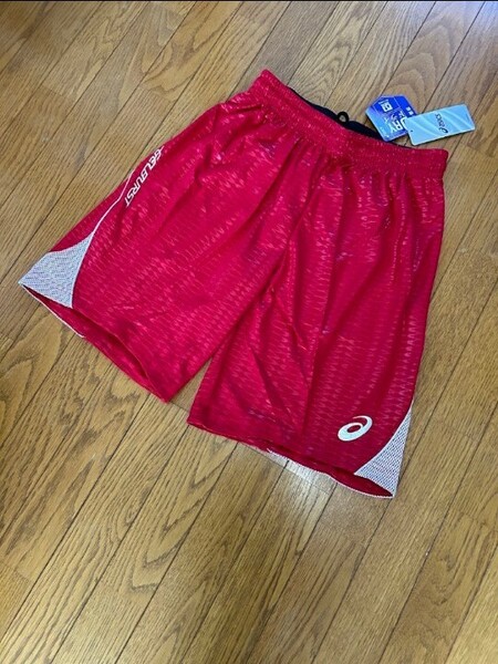 【未使用】アシックス Lサイズ バスパン バスケット ハーフ パンツ トレーニング メッシュ切り替え 赤/白 レッド/ホワイト プラクティス