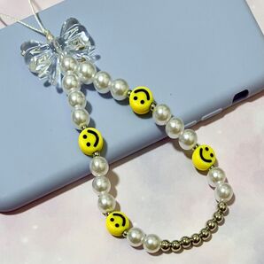 string ting 風 韓国 ビーズストラップ スマイル リボン