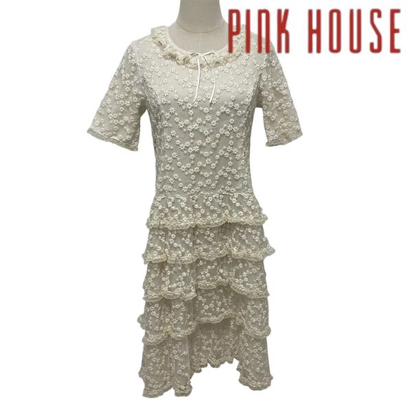 PINK HOUSE レース ワンピース 半袖 ピンクハウス ホワイト フリル リボン 美品 ガーリー 花モチーフ 白