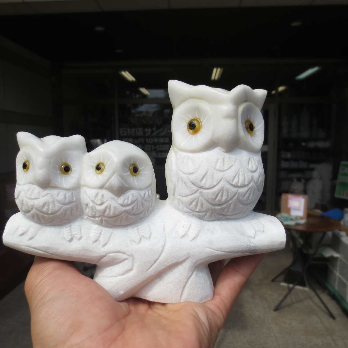 Three Owls Owl Ornament Owl Object Fukuro White Marble Entrance Sign Prosperous Business Lucky Charm Handmade Handmade, handmade works, interior, miscellaneous goods, ornament, object