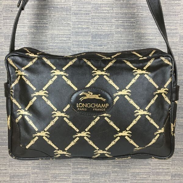 LONGCHAMP/ロンシャン レザー ショルダーバッグ ダークブラウン/焦げ茶 総柄 管NO.YB20-19