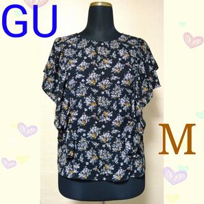 GU フラワープリント ラッフルブラウス 半袖 ブラック 花柄