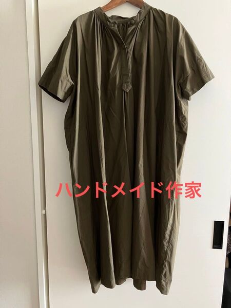 12000円で購入 ハンドメイド作家製作 ギャザーワンピース 半袖 オリーブ ゆったり