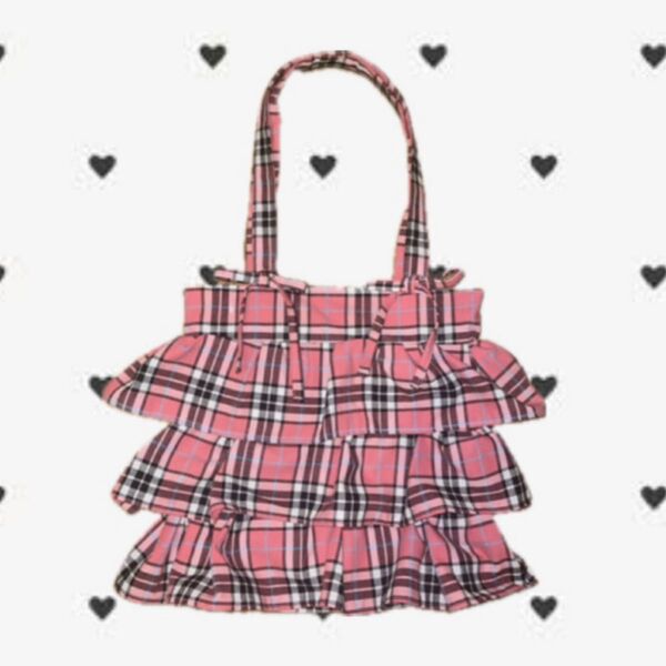 フリルバッグ ピンク リボン 花 フリル チェック トートバッグ ハンドメイド