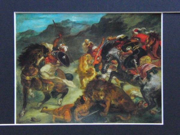 E. Delacroix, lion hunting, super rare, From raisonné, New with frame ara, painting, oil painting, Nature, Landscape painting