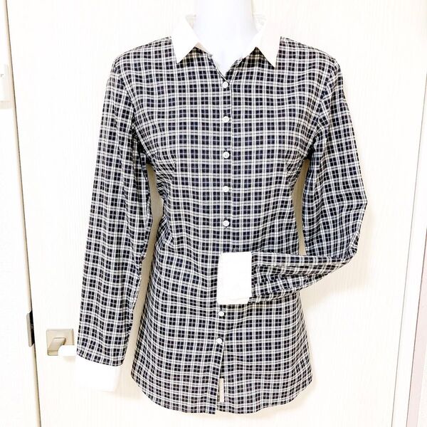 洋服の青山*レディース ホワイト×ブラック チェック柄 長袖 ブラウス 11号