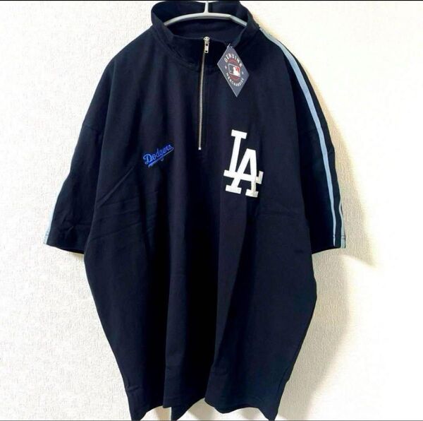 MLB メジャーリーグベースボール 別注 ドジャース ハーフジップ半袖Tシャツ黒 L
