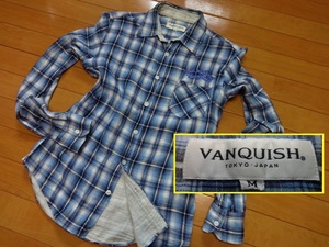 VANQUISH long sleeve [ chest 87cm rom and rear (before and after) ] blue x white check made in Japan gauze shirt M