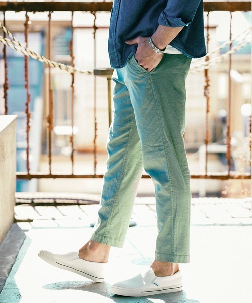 リネン麻55%/送料230円/2サイズ/BAYFLOWベイフロー/チノパンツ/ストレッチイージーパンツ/アンクルパンツ/カーキ/グリーン