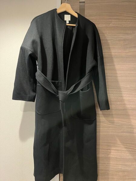 H&M 黒 ノーカラーロングコート EUR XS ノーカラー