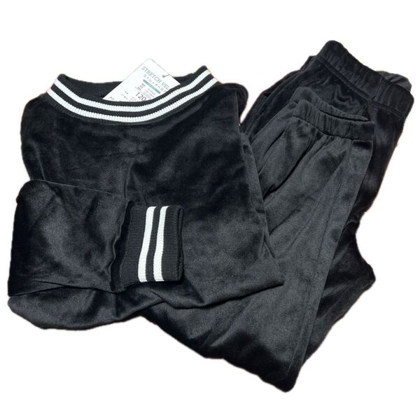 120cm パジャマ 部屋着 ルームウェア ストレッチ ベロア 黒 ブラック 長袖 長ズボン キッズ 男の子 女の子 秋冬 子供用