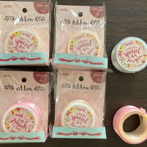 amifa リボン 25mm幅 ×2m シャンパンカラー 3個 パステルピンク 1個 パステルブルー(無包装) 1個 +おまけ
