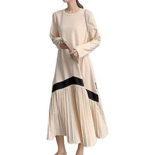マキシ丈ワンピース 半袖 夏ワンピース ロングワンピース マタニティ プリーツワンピース 丸(L、ベージュ)