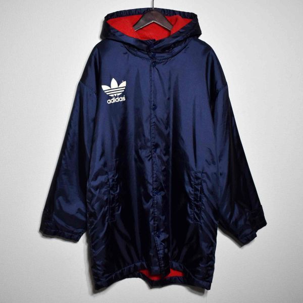 adidas 90sデサント製 ビッグロゴ 裏ボア コート ナイロンパーカー 紺