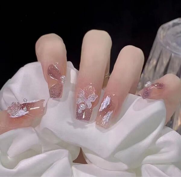 ネイルチップ 3D 付け爪 和風 花嫁ネイル 光沢 結婚式 かわいい 白い蝶