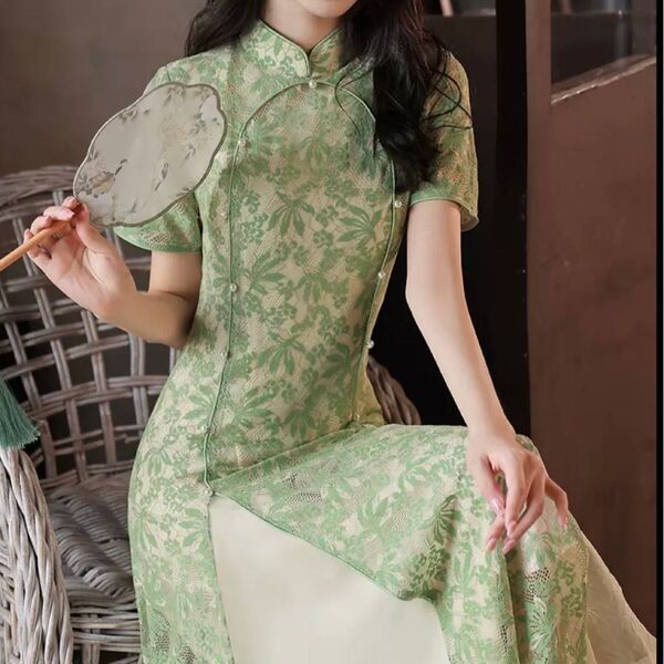 新品 L 中華風ワンピース チャイナドレス 仙女服 唐装 コスプレ 花柄 上品 スリム セクシー 中国 韓国 グリーン 緑 春