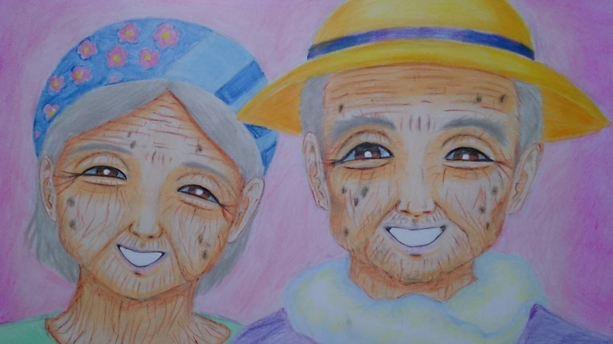 Illustration originale dessinée à la main au format B5 Couple de personnes âgées souriantes dans une ferme, des bandes dessinées, produits d'anime, illustration dessinée à la main