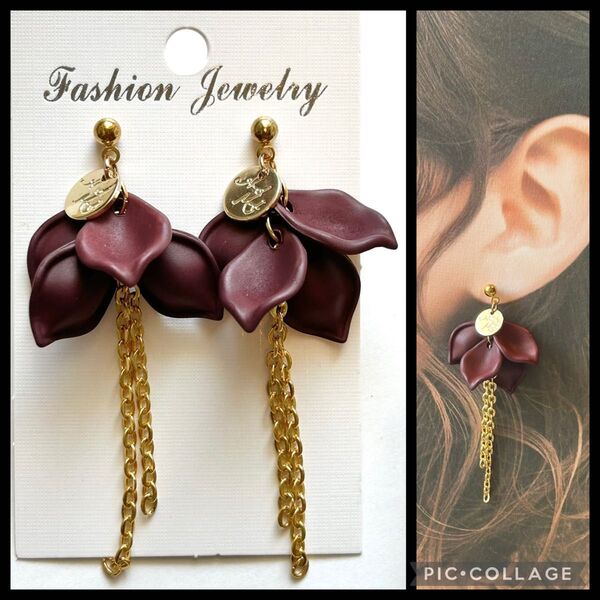 再販♪ボルドーの花びらとチェーンの耳飾り ピアス イヤリング ノンホール 樹脂 秋冬 アトリエブロッサム