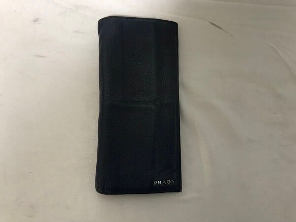 本物プラダPRADA本革レザー二つ折り長財布サイフ札入れメンズレディース紺ネイビーイタリア製