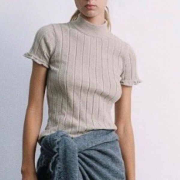 ZARA シェニールトップス フリル ニット 半袖 サンド