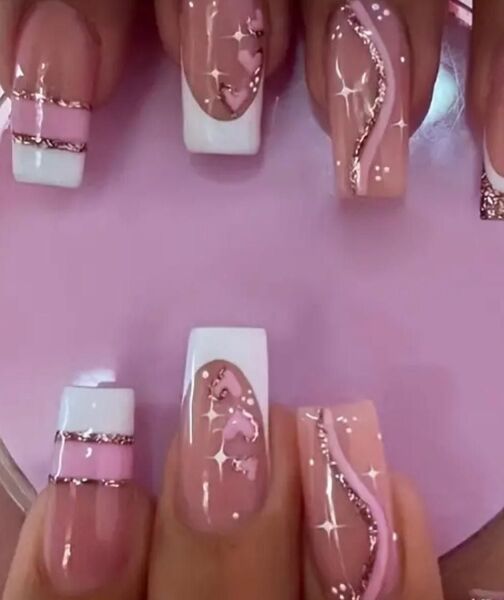 1pack 24pcs Press On Nailsピンクフレンチチッププレスオンネイル ネイルチップ 付け爪