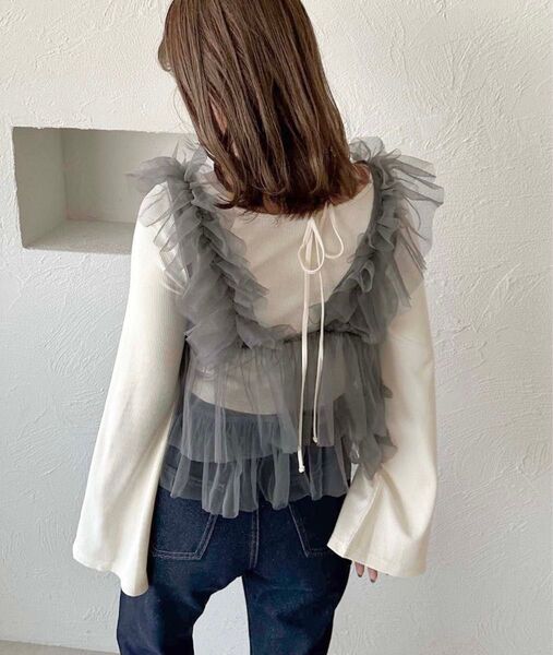 apres jour clair チュール フリル トップス フリーサイズ チャコールグレー 2way ほぼ未使用品 美品